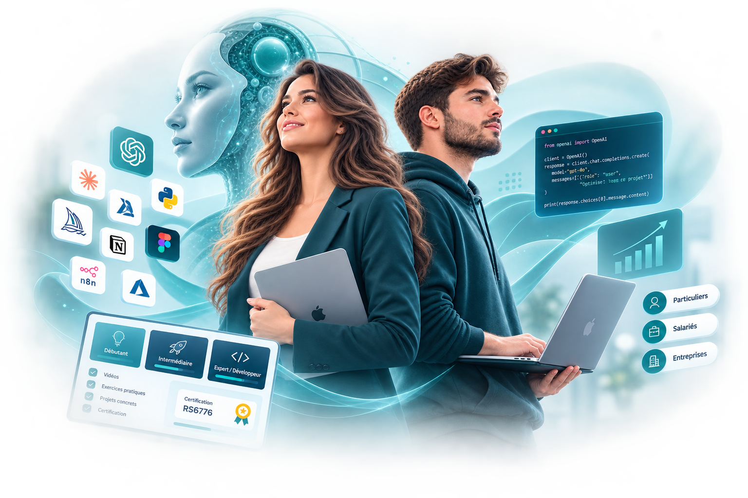 Une femme et un homme en formation à l'intelligence artificielle, entourés des outils IA du marché et des trois niveaux de parcours Innoskill