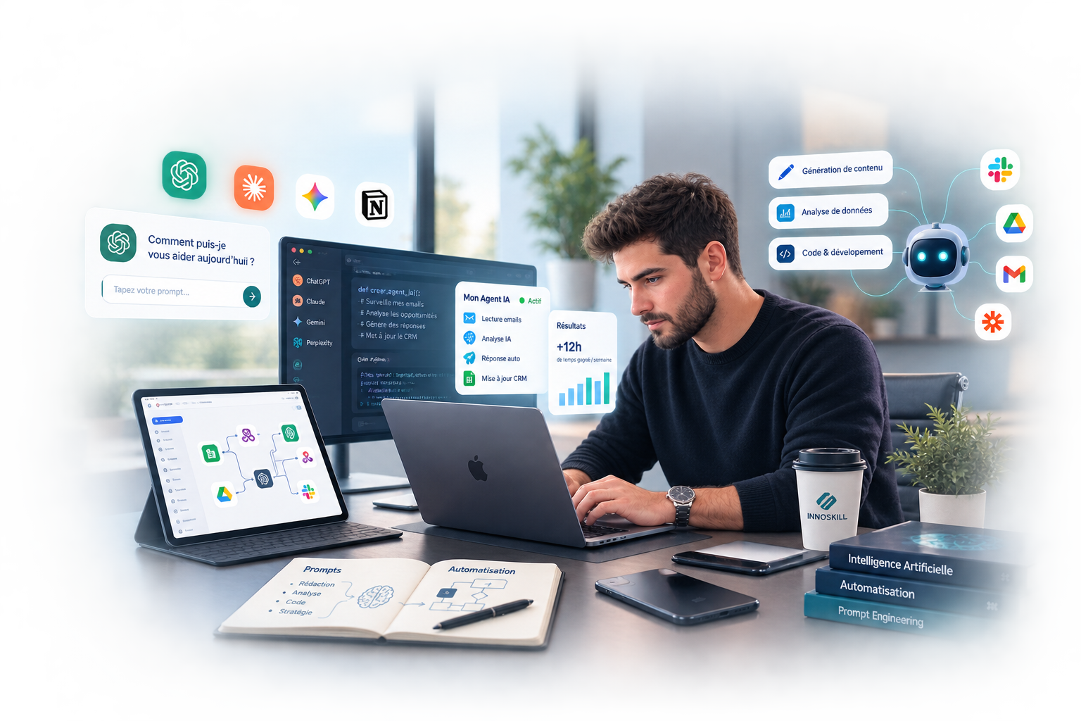 Participant en formation Innoskill travaillant avec ChatGPT, Claude, Gemini et des workflows d'automatisation IA sur son poste de travail